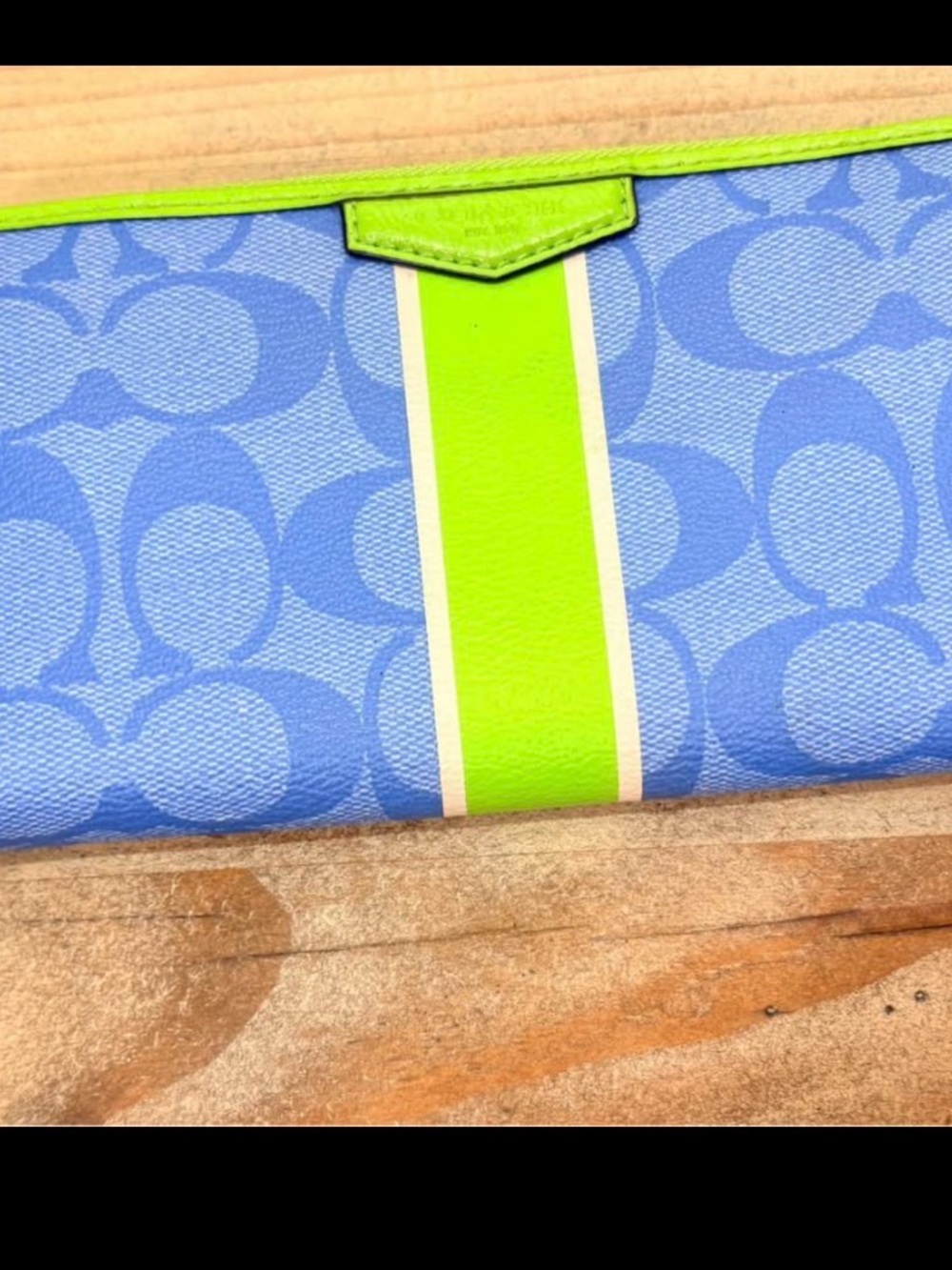 Coach wallet Light Blue Signature Canvas  with Neon Green Stripe